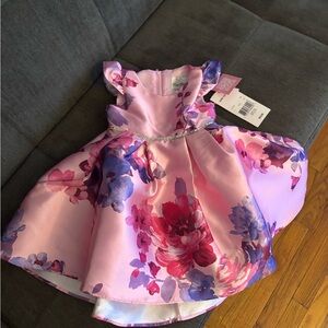 Rare Editions Pink & Purple Floral Satin Dress with Rhinestone Waist